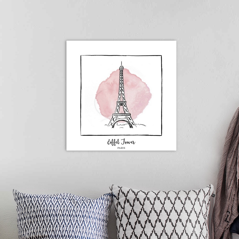 A bohemian room featuring An ink illustration of the Eiffel Tower in Paris, France, with a pink watercolor wash.