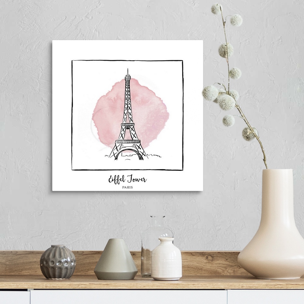 A farmhouse room featuring An ink illustration of the Eiffel Tower in Paris, France, with a pink watercolor wash.