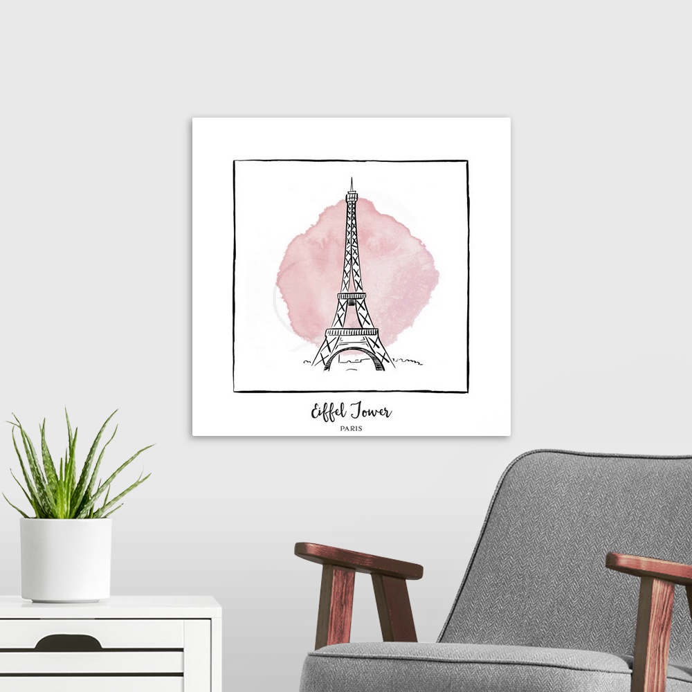 A modern room featuring An ink illustration of the Eiffel Tower in Paris, France, with a pink watercolor wash.