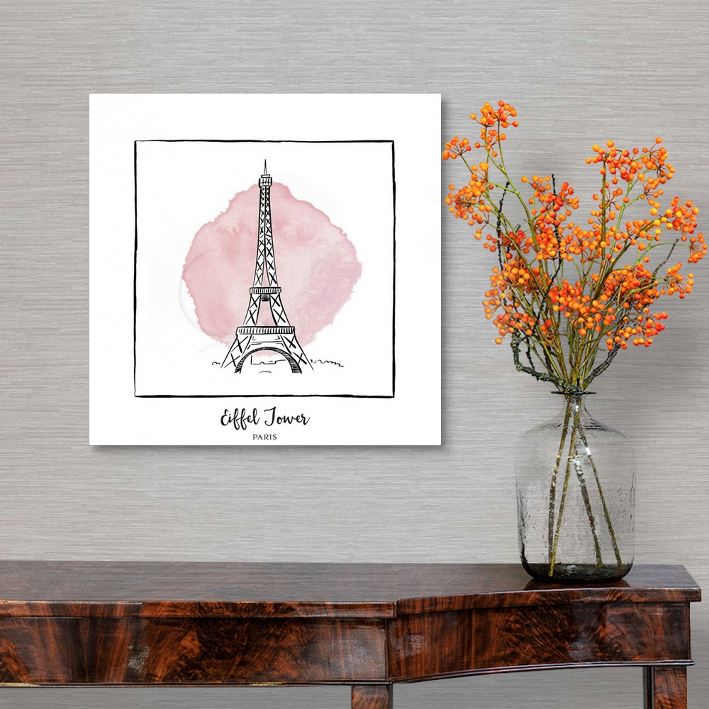 A traditional room featuring An ink illustration of the Eiffel Tower in Paris, France, with a pink watercolor wash.