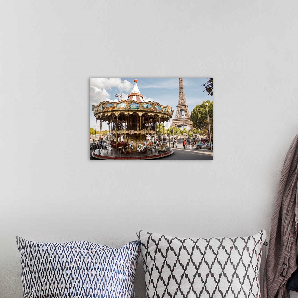 A bohemian room featuring Photograph of the Eiffel Tower Carousel with the Eiffel Tower in the background.