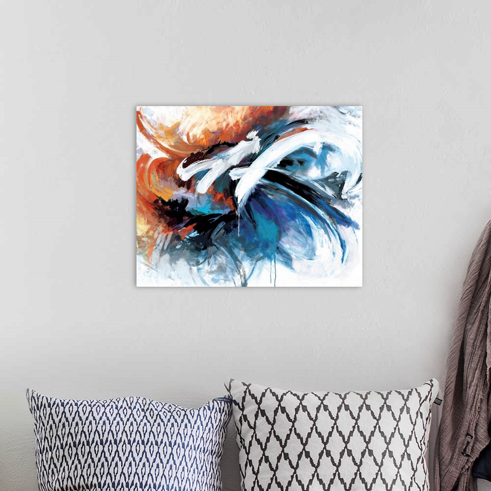 A bohemian room featuring A contemporary abstract painting using tones of blue red and orange in a cloud-like formation of ...