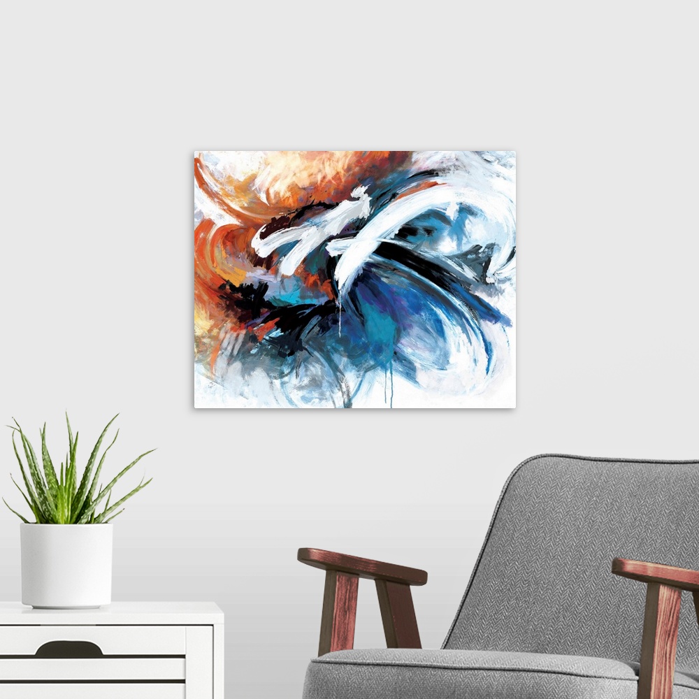 A modern room featuring A contemporary abstract painting using tones of blue red and orange in a cloud-like formation of ...