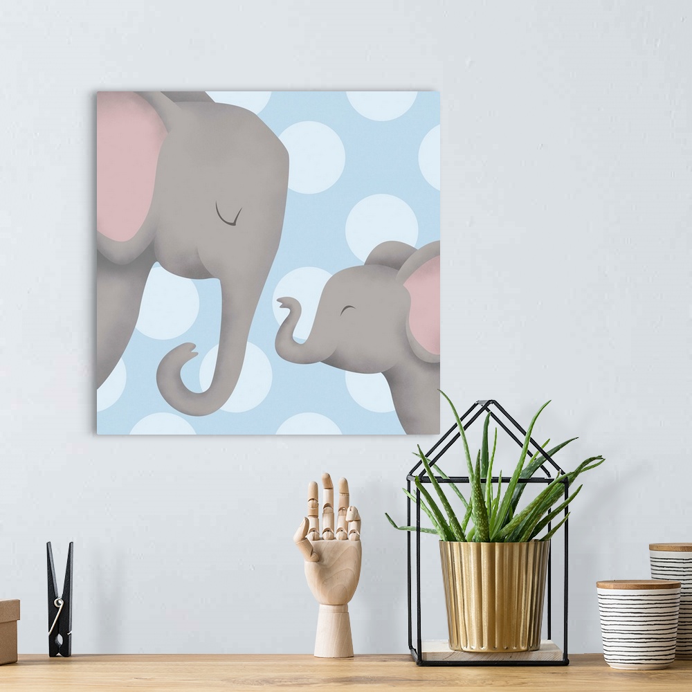 A bohemian room featuring Nursery art of a mother elephant and her baby on a blue polka-dot background.
