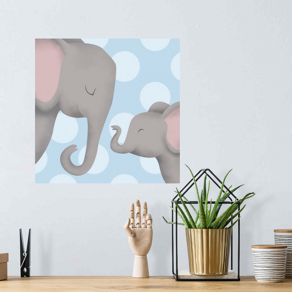 A bohemian room featuring Nursery art of a mother elephant and her baby on a blue polka-dot background.