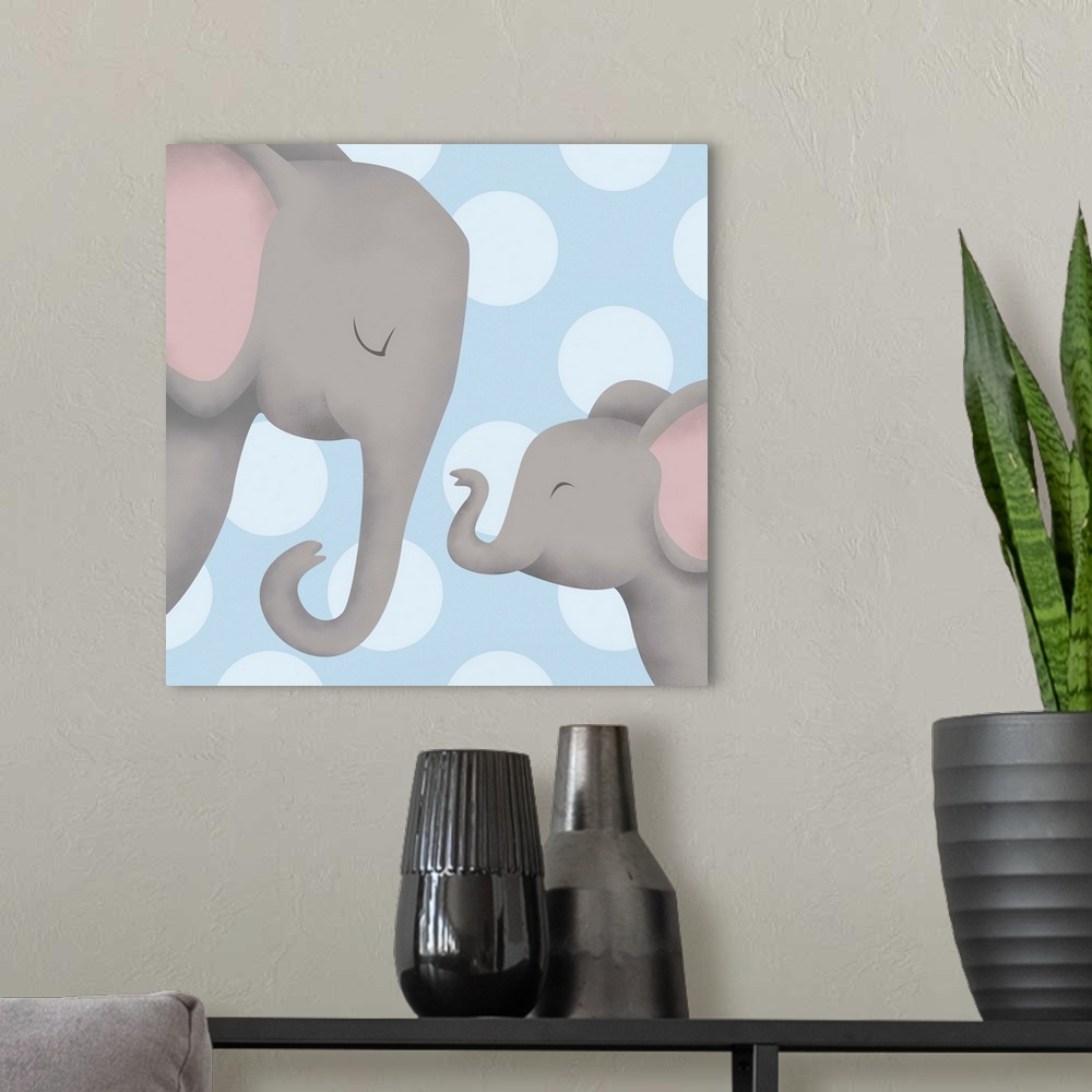 A modern room featuring Nursery art of a mother elephant and her baby on a blue polka-dot background.
