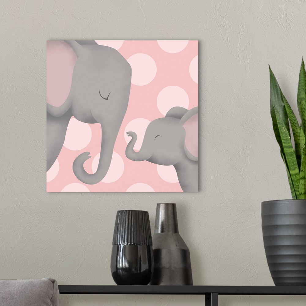 A modern room featuring Nursery art of a mother elephant and her baby on a pink polka-dot background.