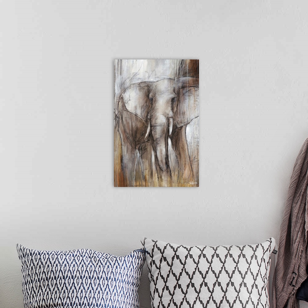 A bohemian room featuring Illustrative painting of an elephant done in varying shades of grayish-brown.