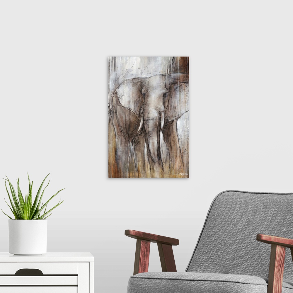 A modern room featuring Illustrative painting of an elephant done in varying shades of grayish-brown.
