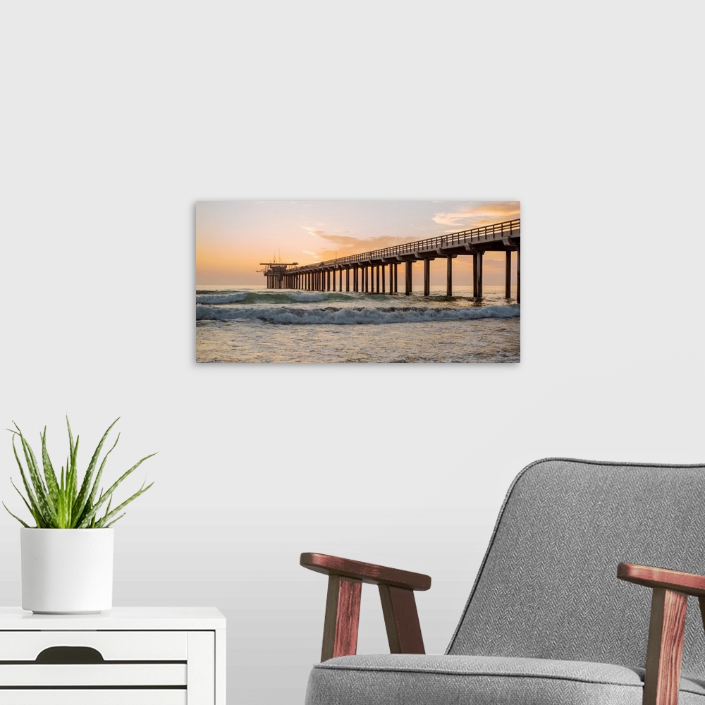 A modern room featuring The original Scripps Pier was built in 1915-1916. Today it is one of California's research piers....
