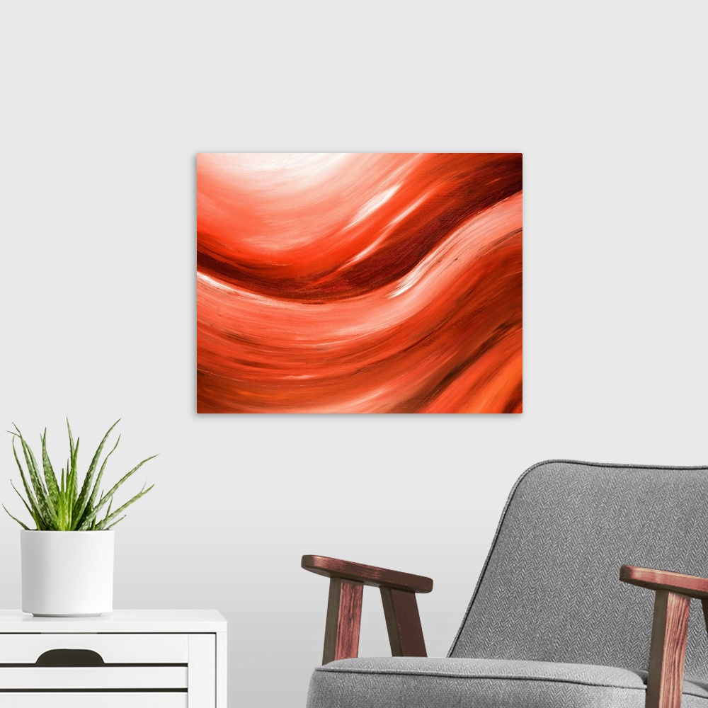 A modern room featuring Horizontal contemporary painting in shades of orange, giving the impression of rolling waves.