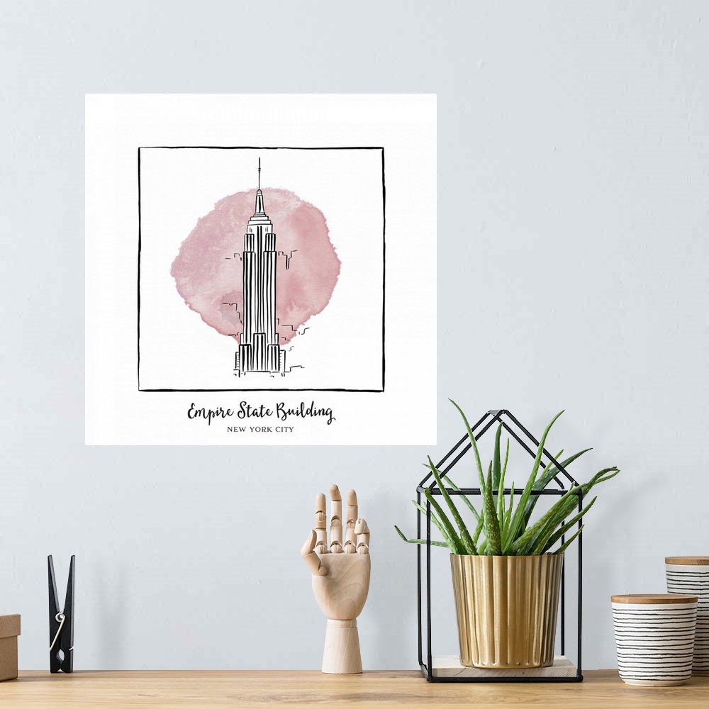 A bohemian room featuring An ink illustration of the Empire State Building in New York City, with a pink watercolor wash.