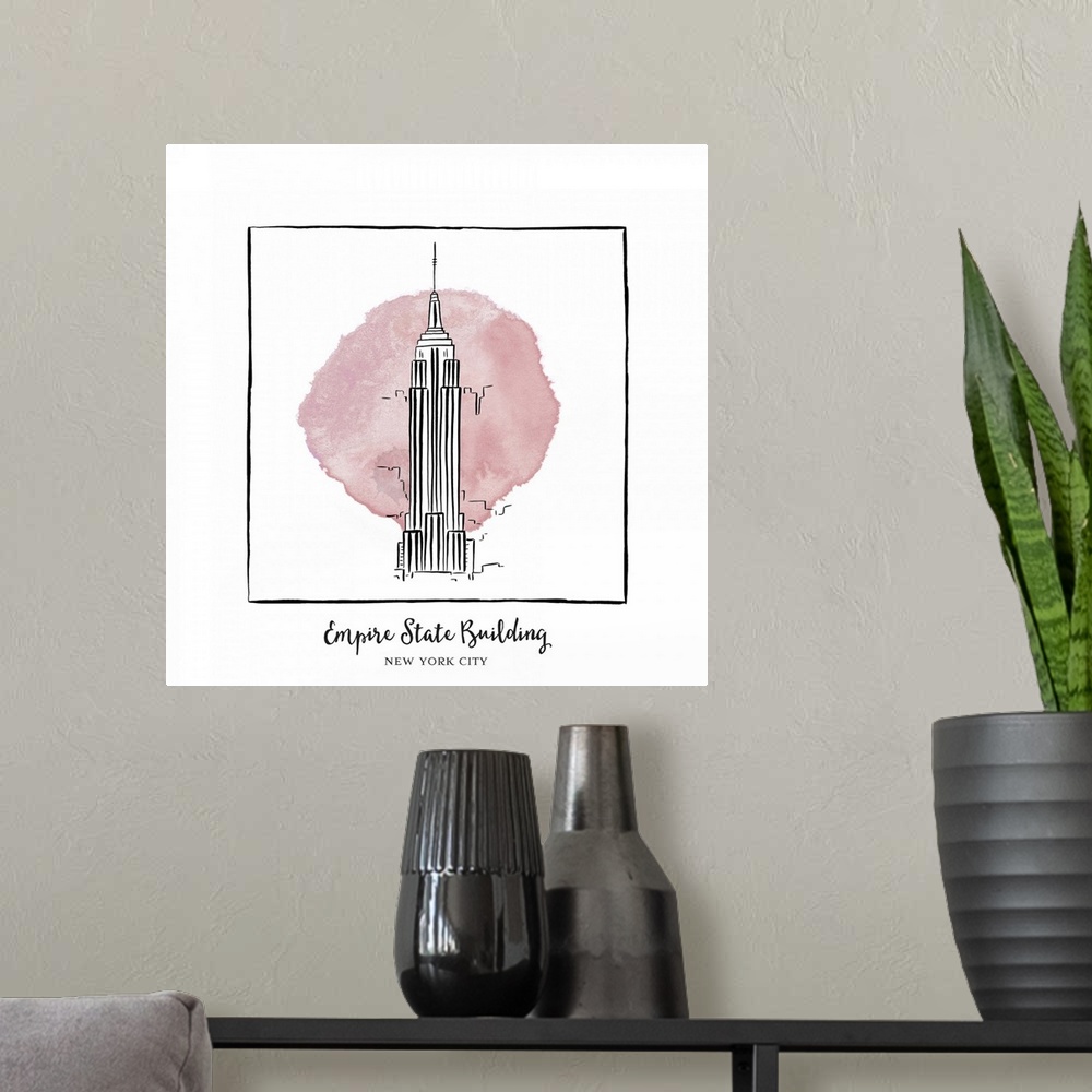A modern room featuring An ink illustration of the Empire State Building in New York City, with a pink watercolor wash.