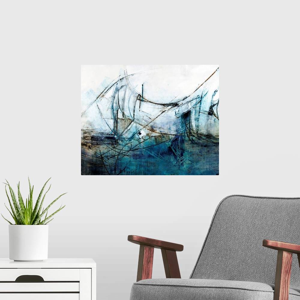 A modern room featuring Contemporary abstract painting using tones of blue and white.