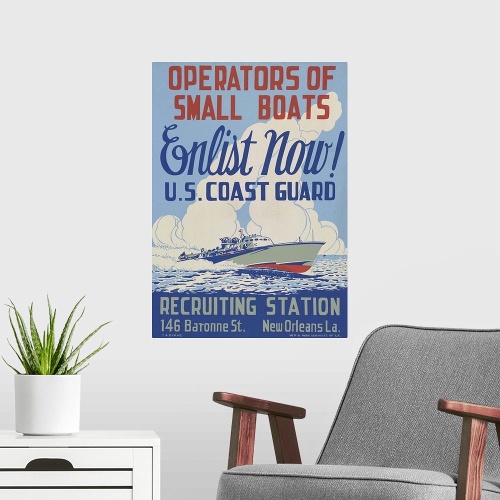 A modern room featuring Operators of small boats, enlist now! U.S. Coast Guard. Poster encouraging boat owners to enlist ...