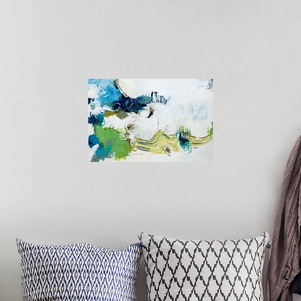 A bohemian room featuring This is a horizontal abstract painting using a squiggly brush strokes and cloud like shapes to fi...