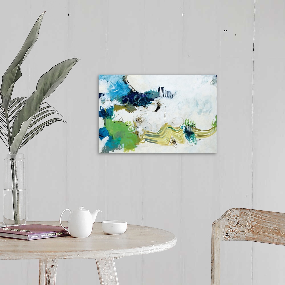 A farmhouse room featuring This is a horizontal abstract painting using a squiggly brush strokes and cloud like shapes to fi...