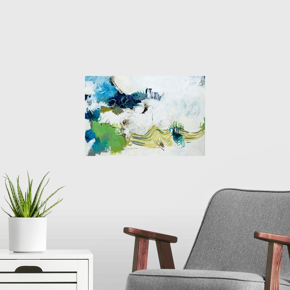 A modern room featuring This is a horizontal abstract painting using a squiggly brush strokes and cloud like shapes to fi...