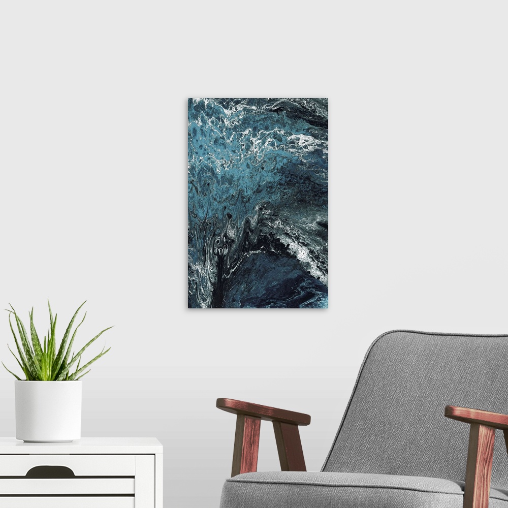 A modern room featuring Abstract contemporary painting in black, white and blue tones, in a marbling effect.