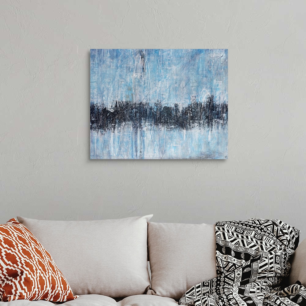 A bohemian room featuring Contemporary abstract painting of a single horizontal stripe traversing bottom half of canvas.