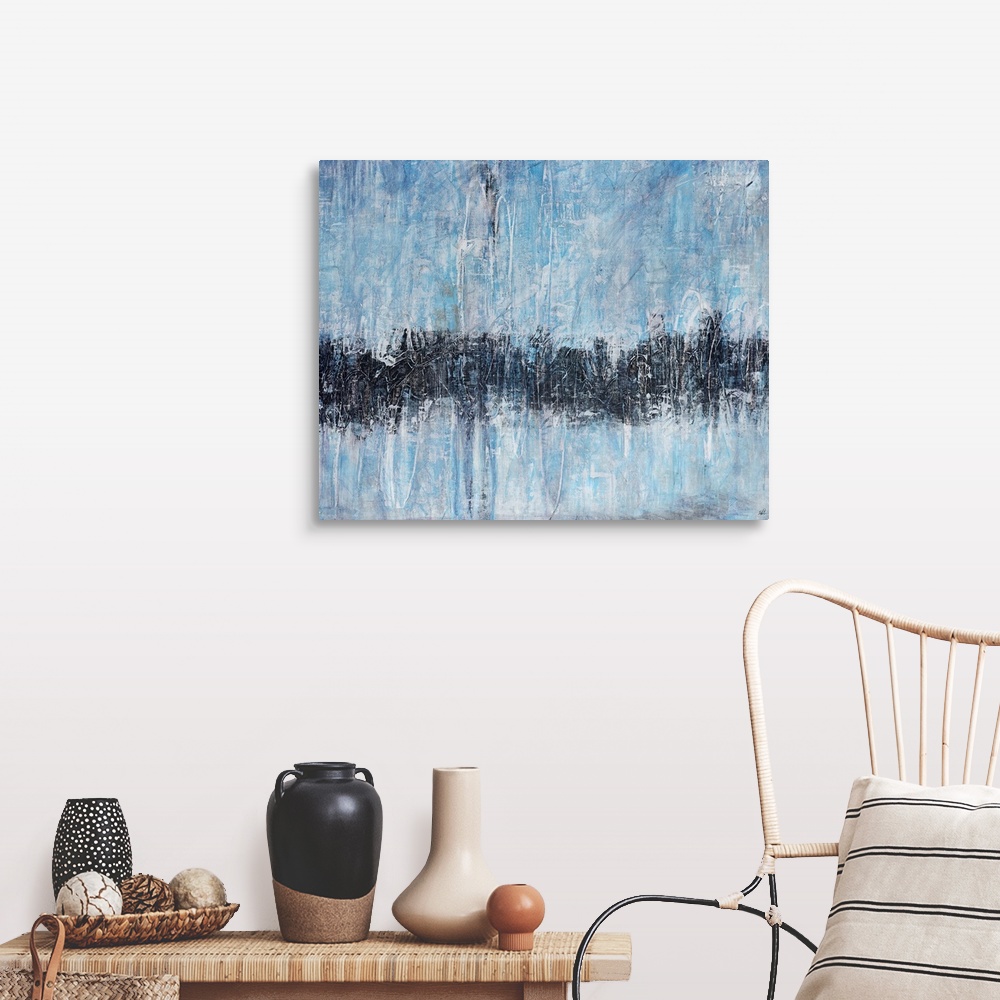 A farmhouse room featuring Contemporary abstract painting of a single horizontal stripe traversing bottom half of canvas.
