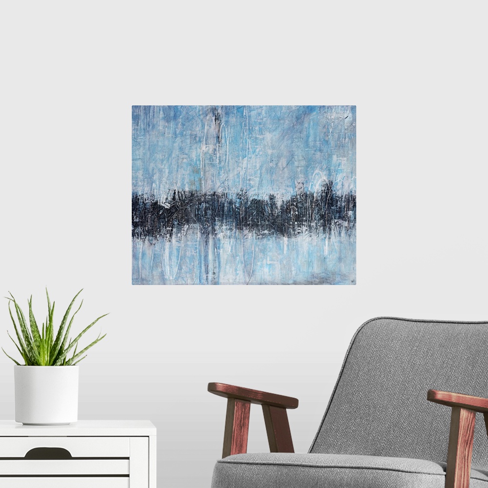A modern room featuring Contemporary abstract painting of a single horizontal stripe traversing bottom half of canvas.