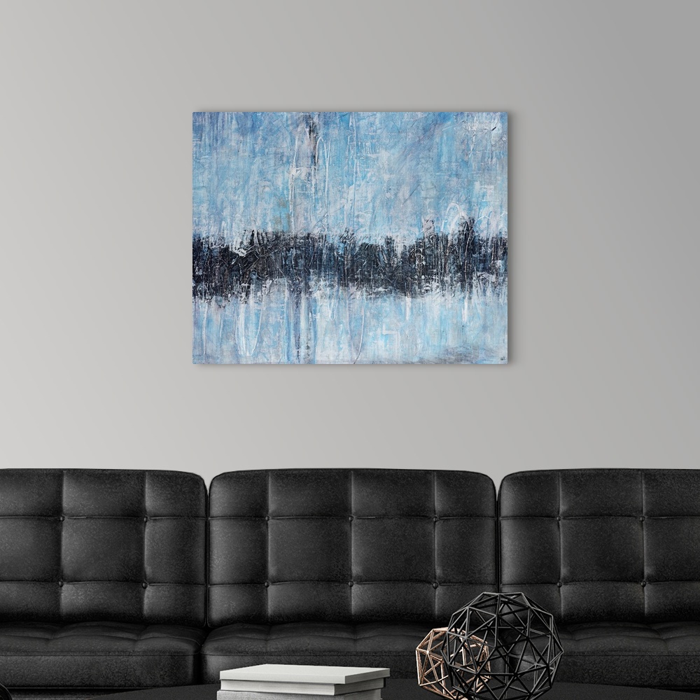 A modern room featuring Contemporary abstract painting of a single horizontal stripe traversing bottom half of canvas.