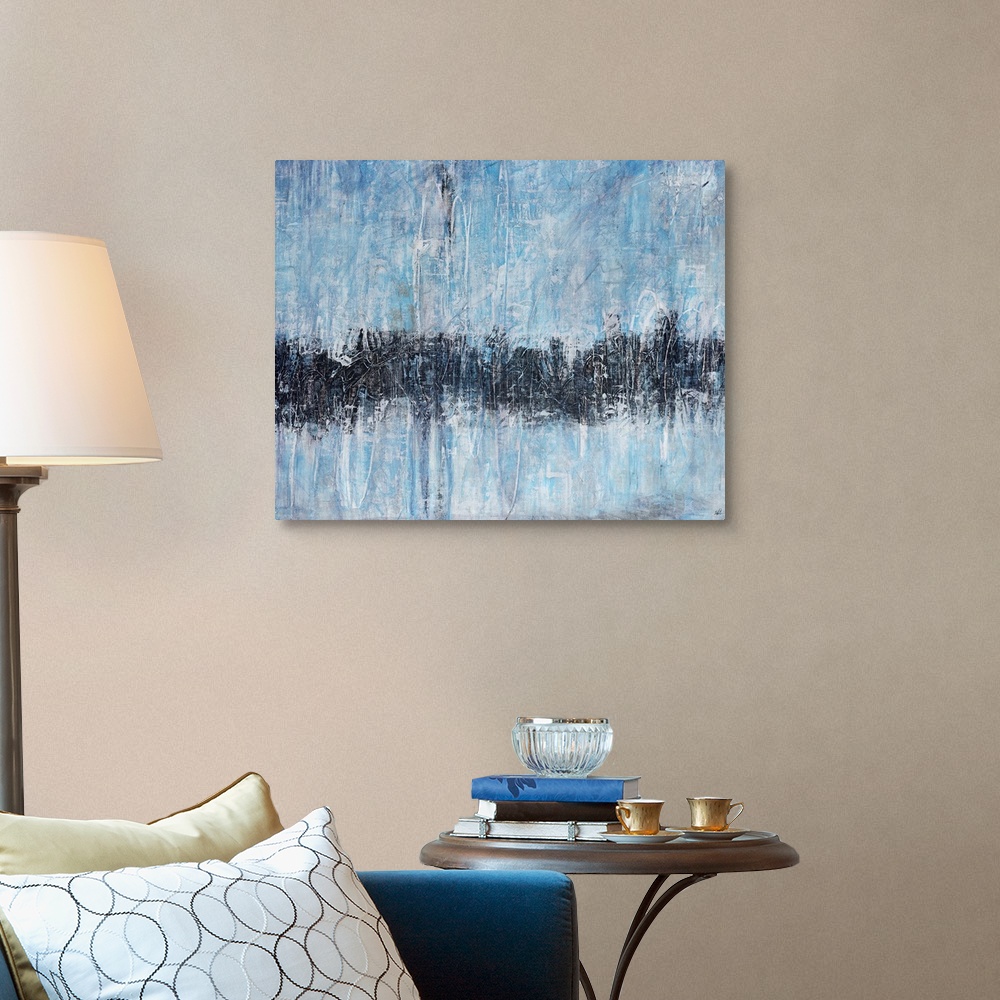 A traditional room featuring Contemporary abstract painting of a single horizontal stripe traversing bottom half of canvas.
