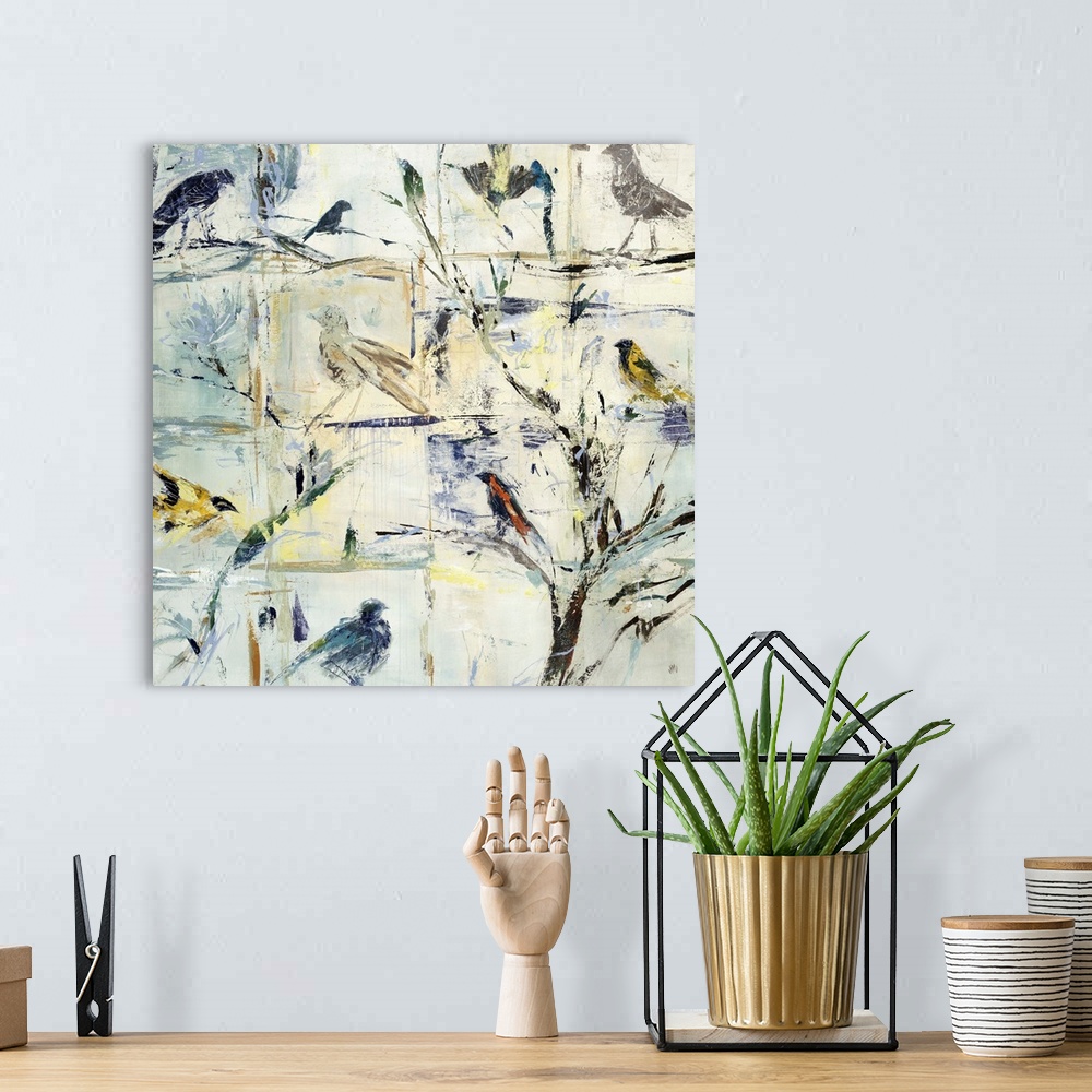 A bohemian room featuring Contemporary painting of various abstracted birds against a cool cream background.