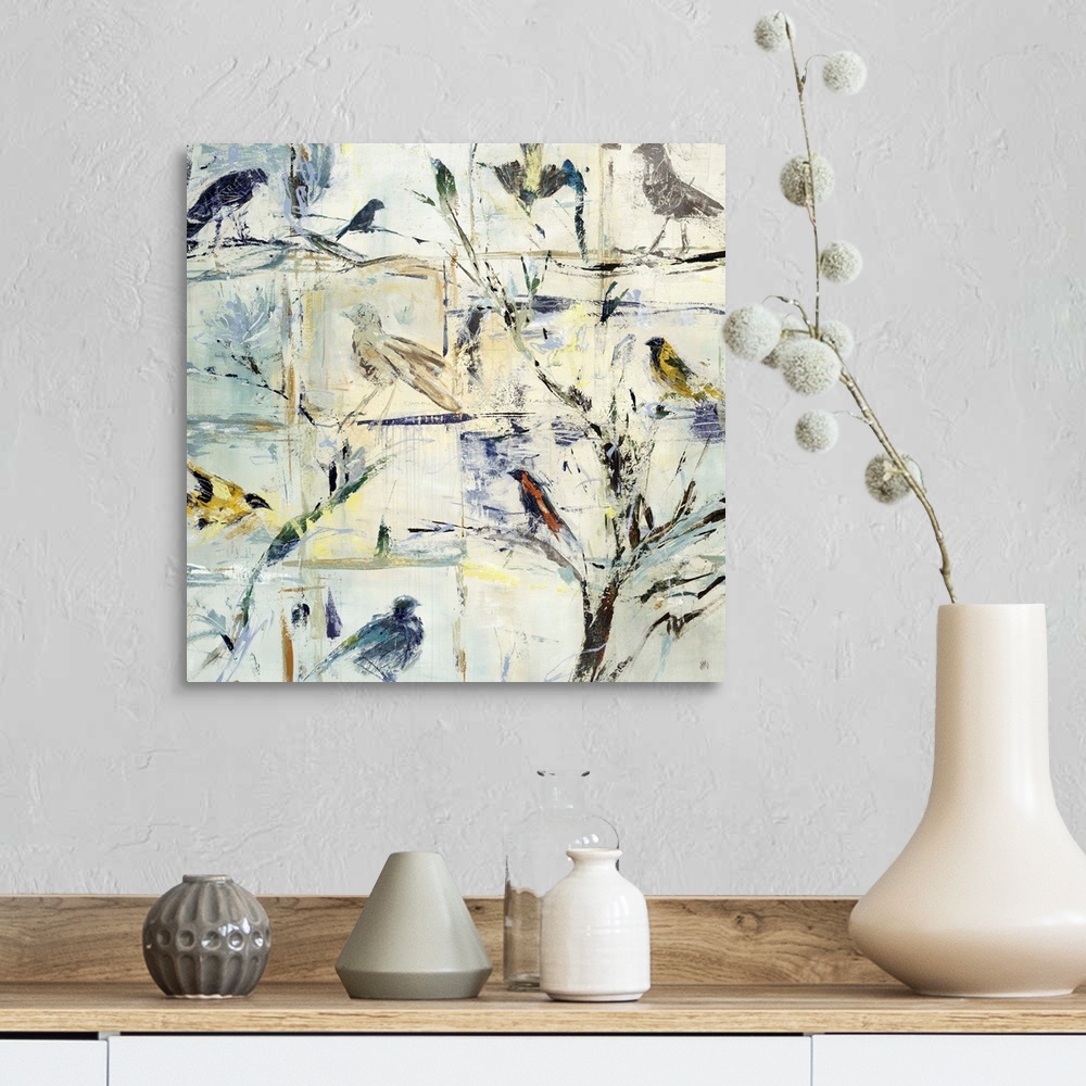 A farmhouse room featuring Contemporary painting of various abstracted birds against a cool cream background.