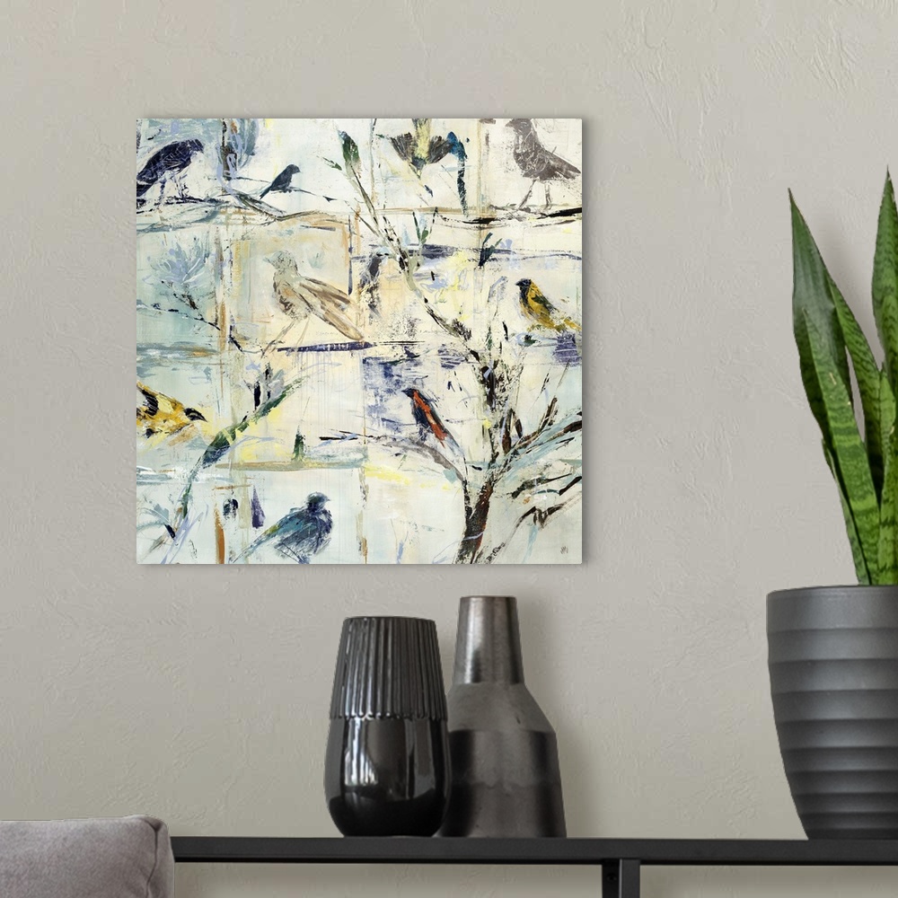 A modern room featuring Contemporary painting of various abstracted birds against a cool cream background.