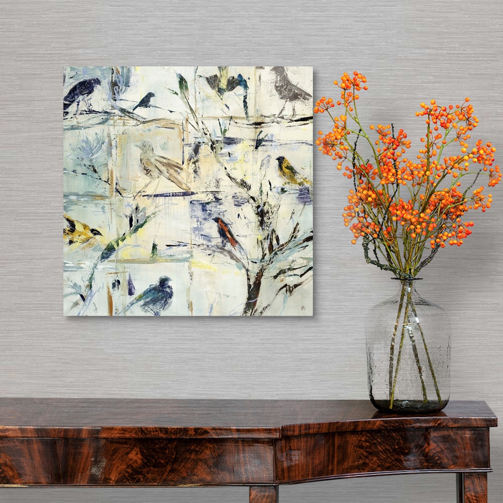 A traditional room featuring Contemporary painting of various abstracted birds against a cool cream background.