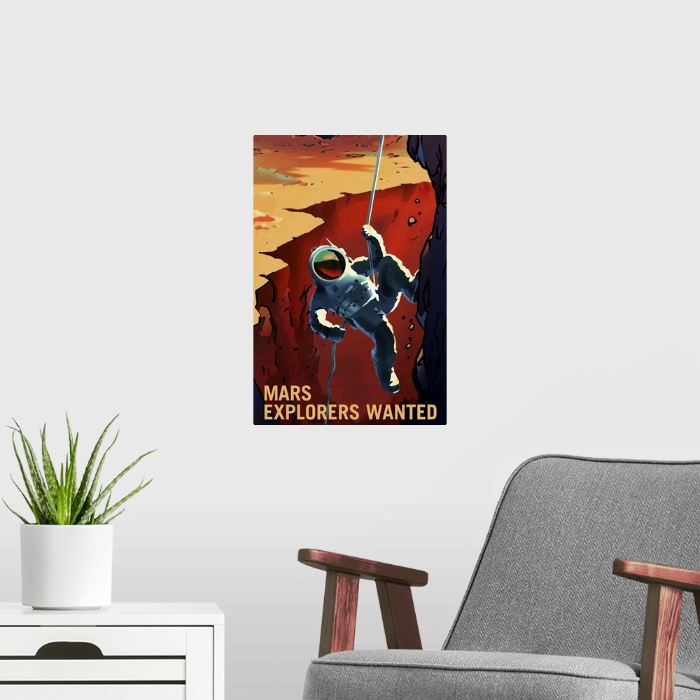 A modern room featuring Hike the solar system's largest canyon, Valles Marineris on Mars, where you can catch blue sunset...