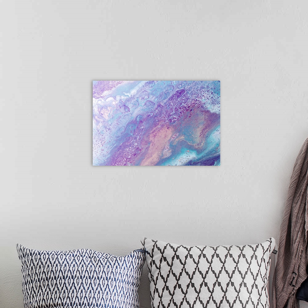 A bohemian room featuring Abstract contemporary painting in pastel tones, in a marbling effect.