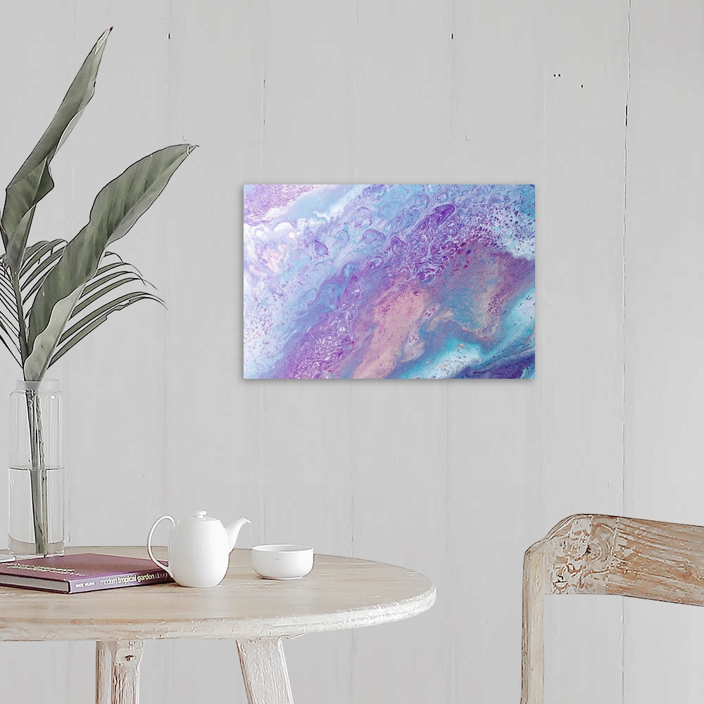 A farmhouse room featuring Abstract contemporary painting in pastel tones, in a marbling effect.