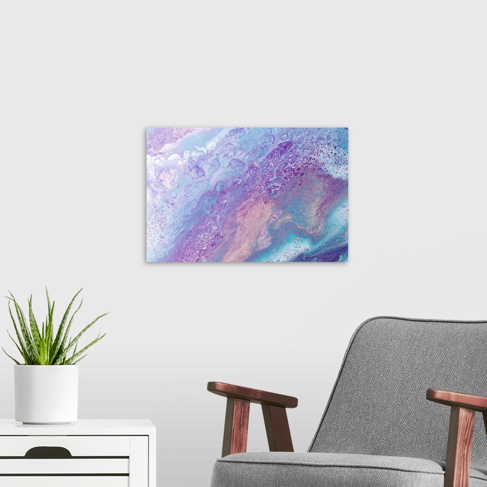 A modern room featuring Abstract contemporary painting in pastel tones, in a marbling effect.