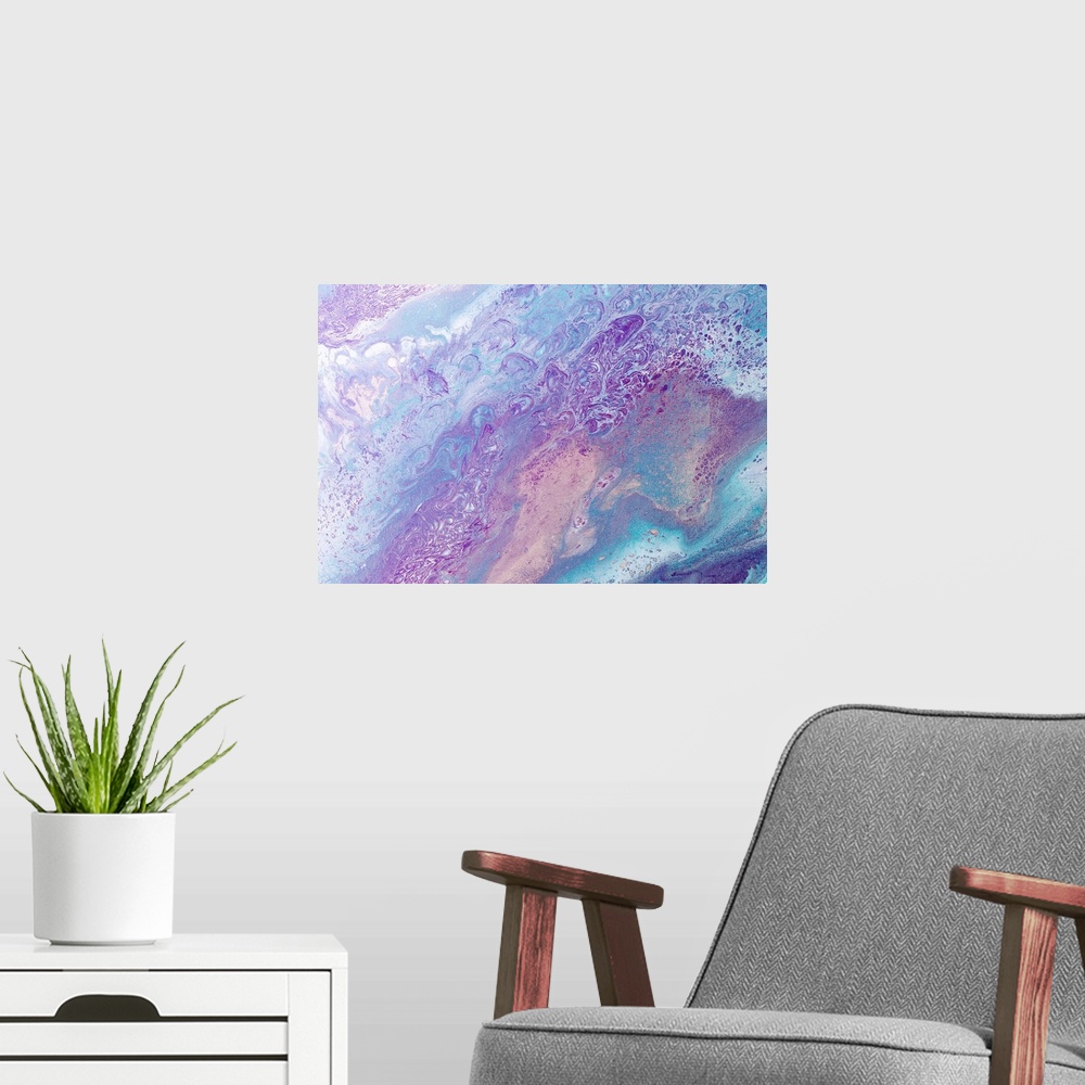 A modern room featuring Abstract contemporary painting in pastel tones, in a marbling effect.
