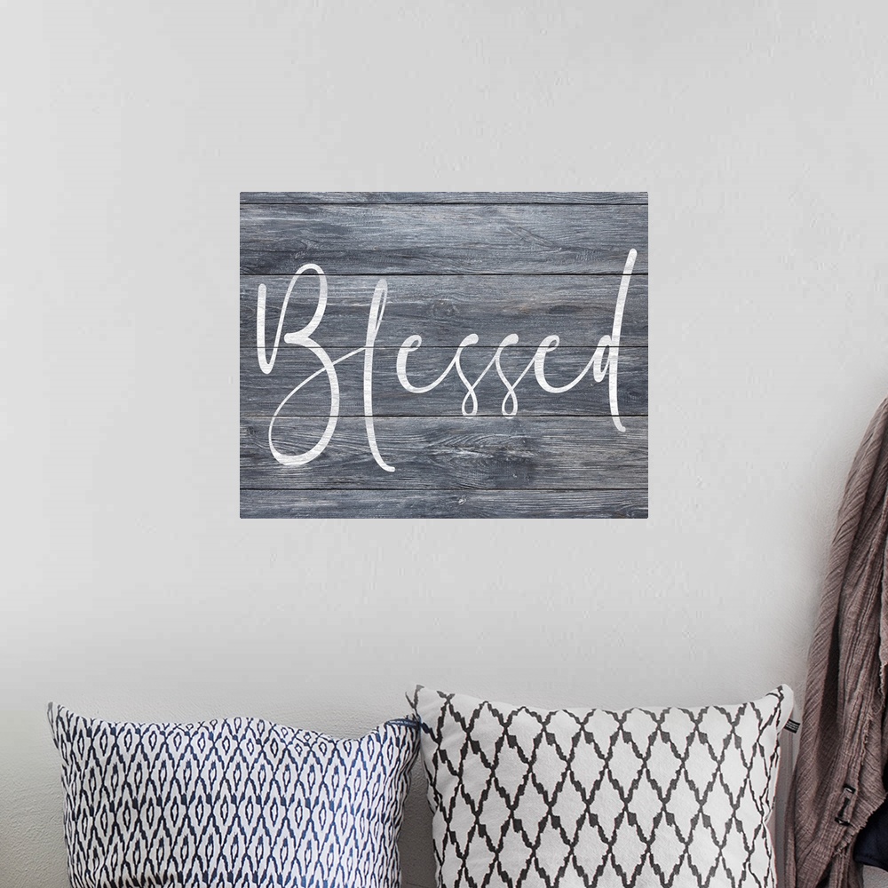 A bohemian room featuring A simple, single word sentiment in white on a rustic grey board background, perfect for a country...