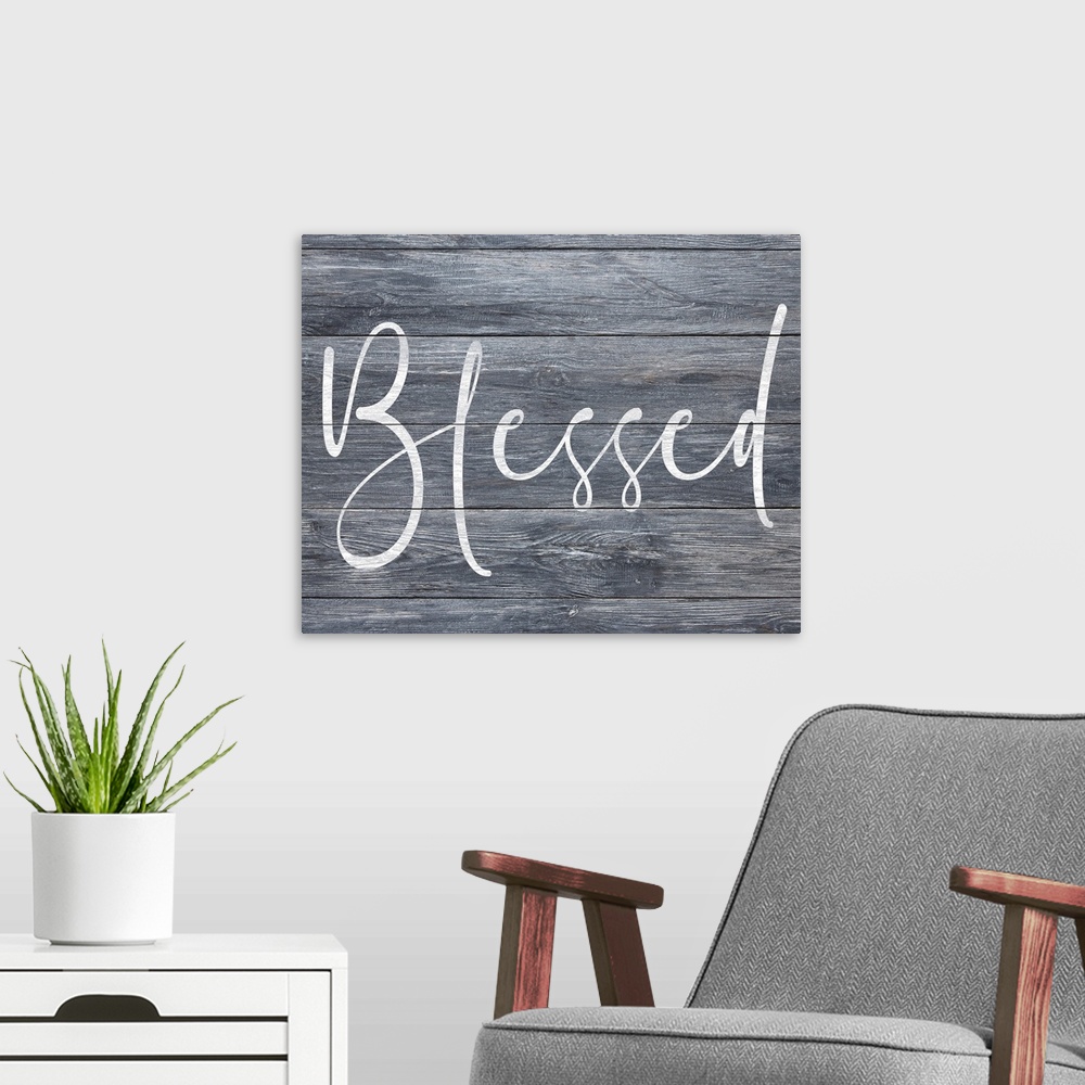 A modern room featuring A simple, single word sentiment in white on a rustic grey board background, perfect for a country...