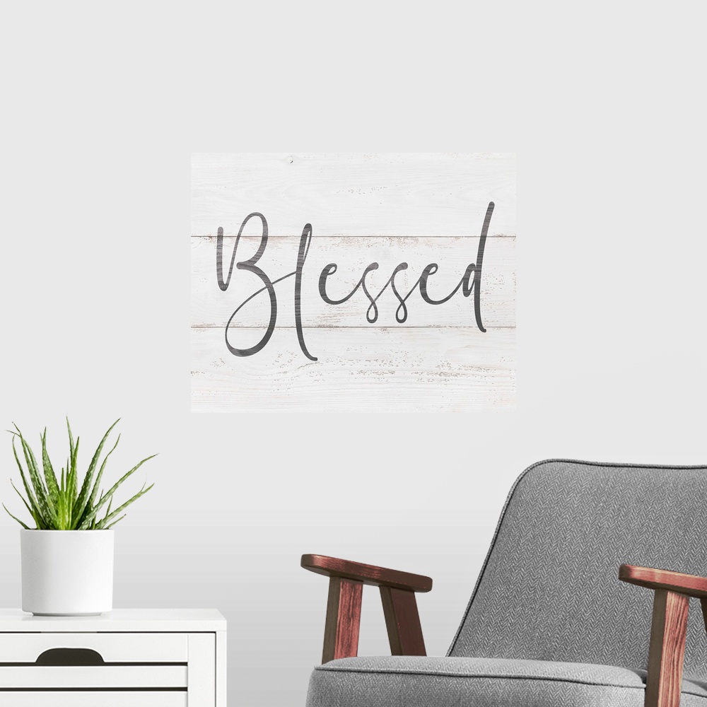 A modern room featuring A simple, single word sentiment in grey on a rustic white board background, perfect for a country...