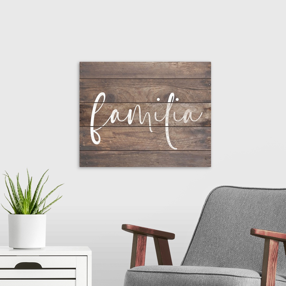 A modern room featuring A simple, single word sentiment in white on a rustic board background, perfect for a country or f...