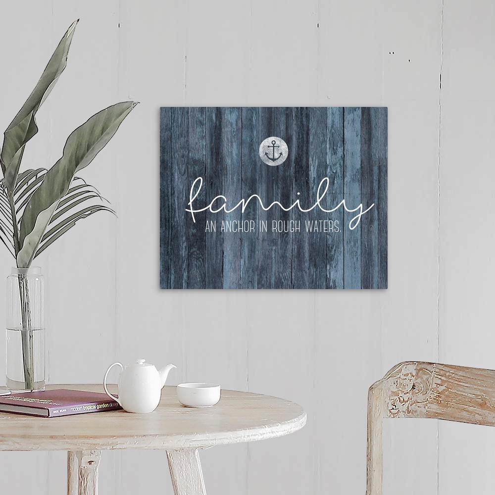 A farmhouse room featuring A nautical style typography piece on an inky blue shiplap background, would be especially at home...