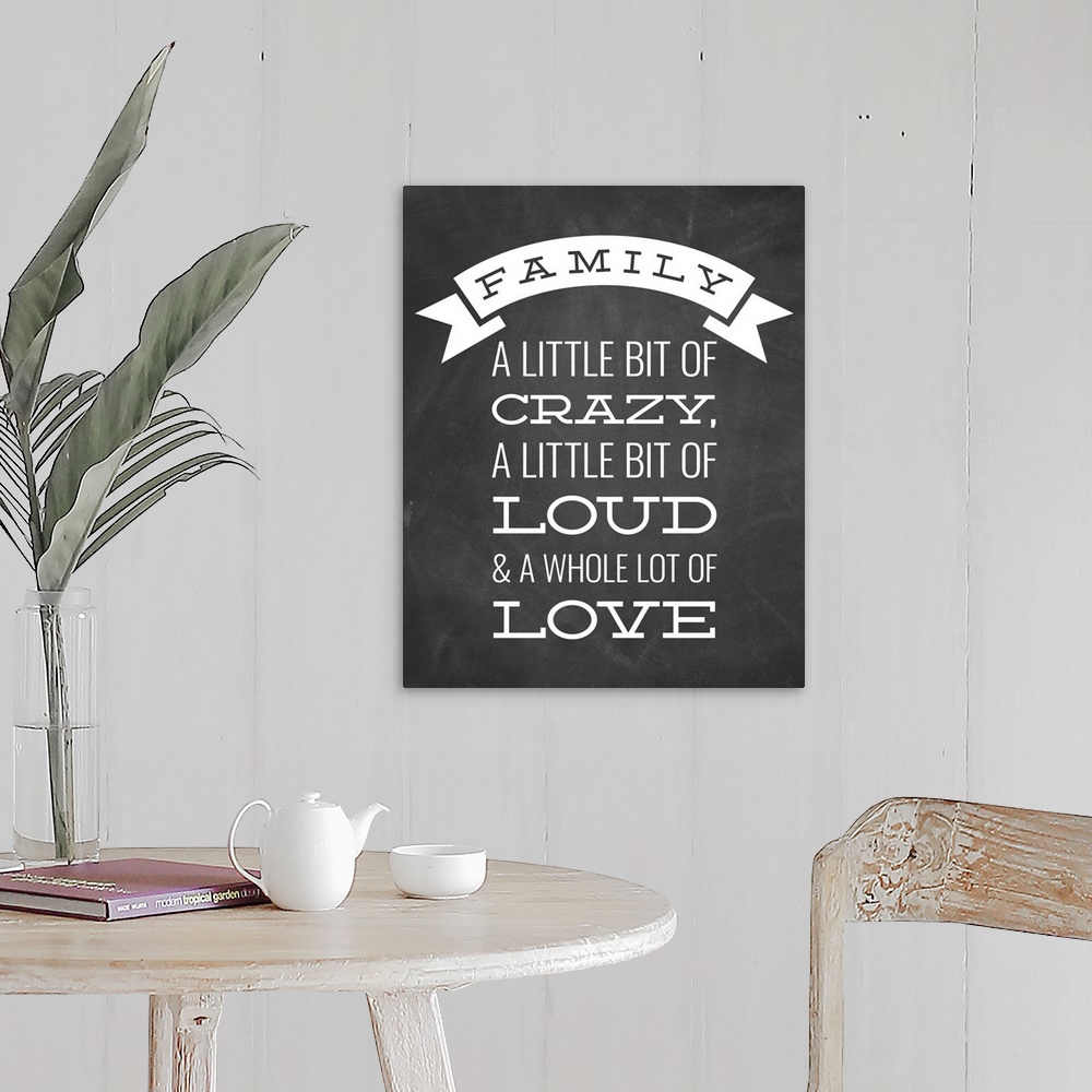 A farmhouse room featuring A fun family saying in white text on a black chalkboard background.