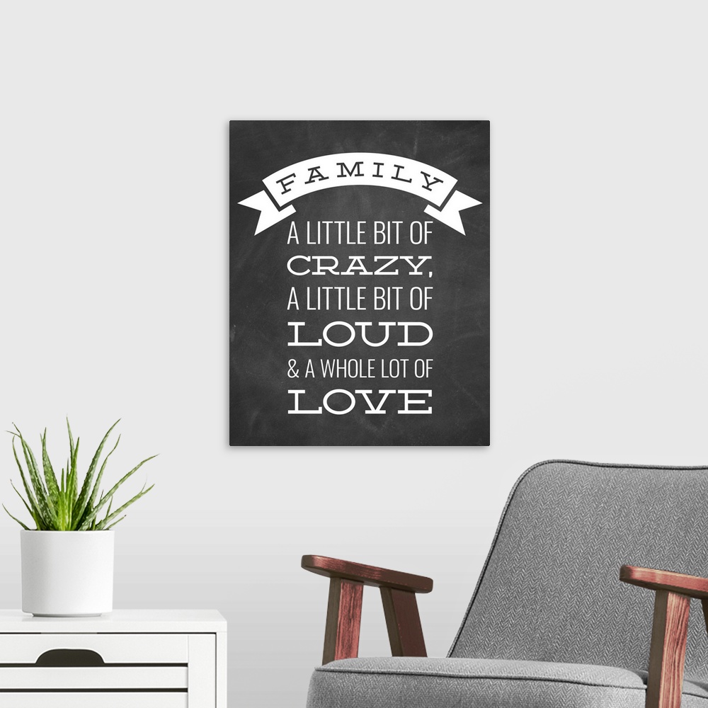 A modern room featuring A fun family saying in white text on a black chalkboard background.