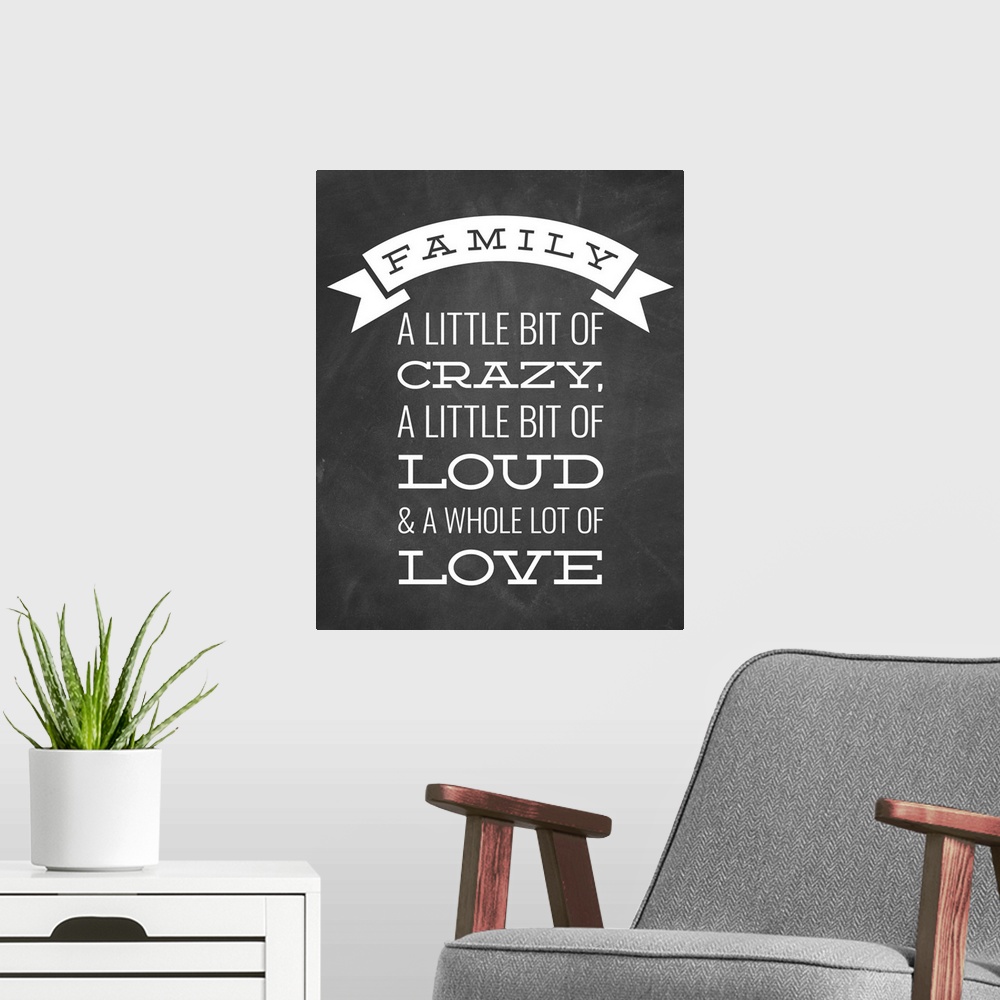 A modern room featuring A fun family saying in white text on a black chalkboard background.