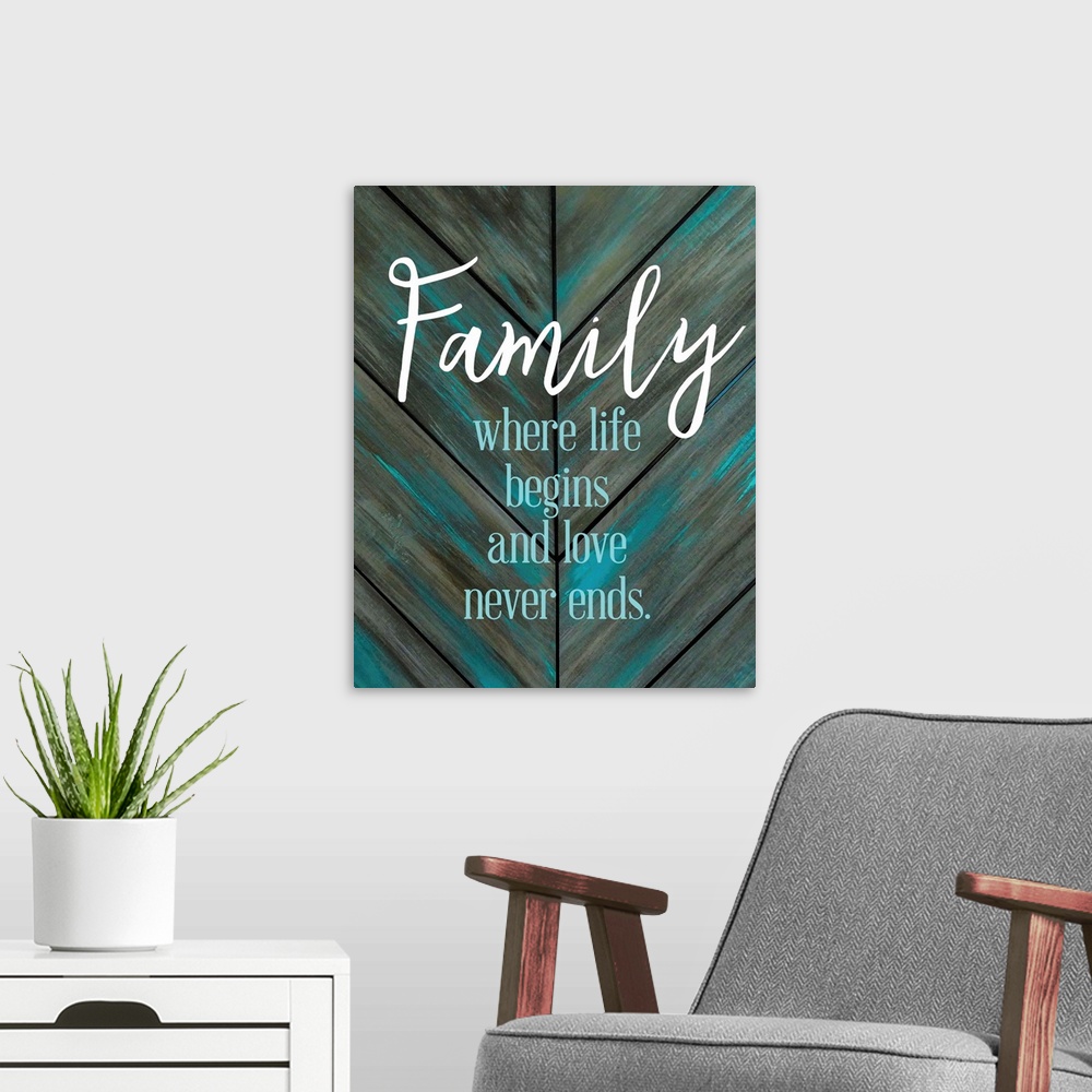 A modern room featuring A simple quote celebrating family on a teal and grey chevron patterned background.