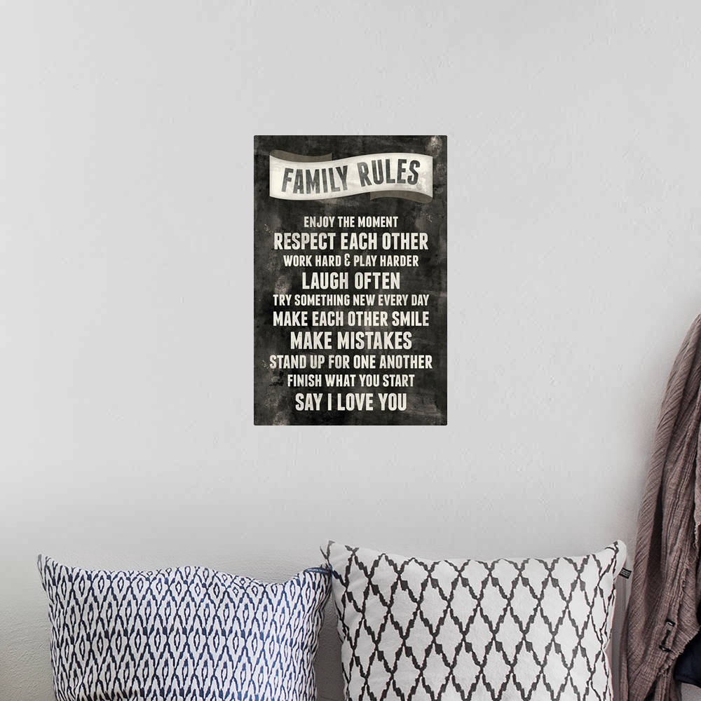 A bohemian room featuring This large vertical print is titled "Family Rules" with a chalkboard type design. Rules are liste...