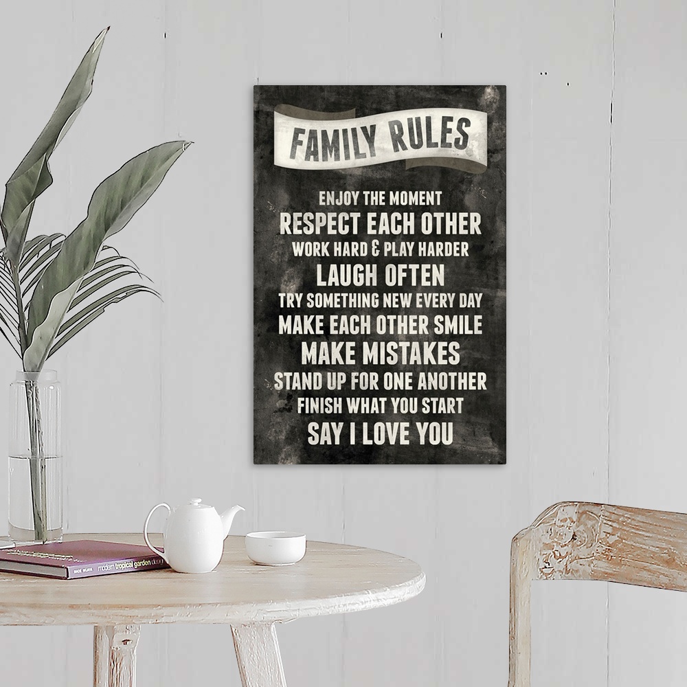 A farmhouse room featuring This large vertical print is titled "Family Rules" with a chalkboard type design. Rules are liste...