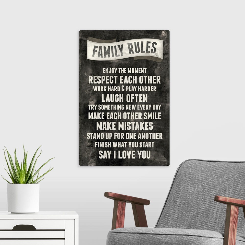 A modern room featuring This large vertical print is titled "Family Rules" with a chalkboard type design. Rules are liste...