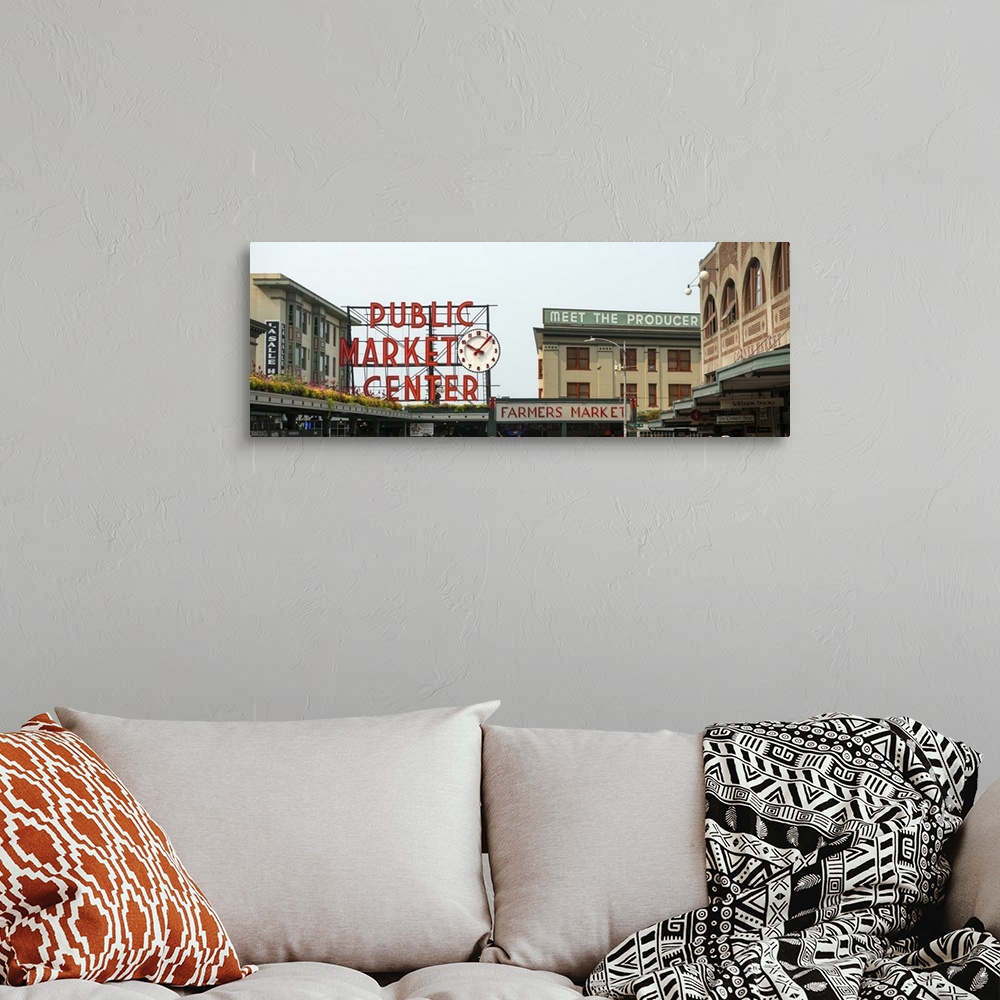 A bohemian room featuring Panoramic photograph of the downtown Farmers Market at Pike Place Market in Seattle, WA.